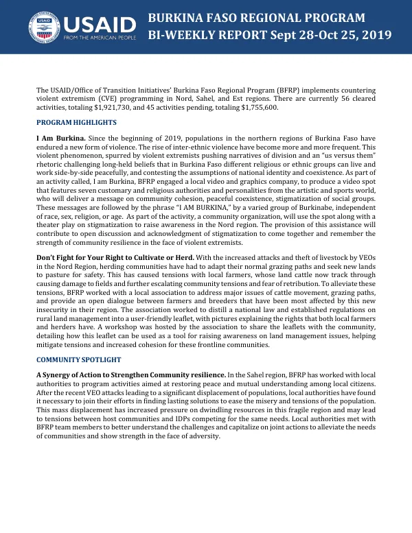 Burkina Faso Regional Program Bi-Weekly Report