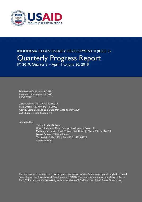 Indonesia Clean Energy Development II (ICED II) Quarterly Progress Report FY 2019, Quarter 3 – April 1 to June 30, 2019