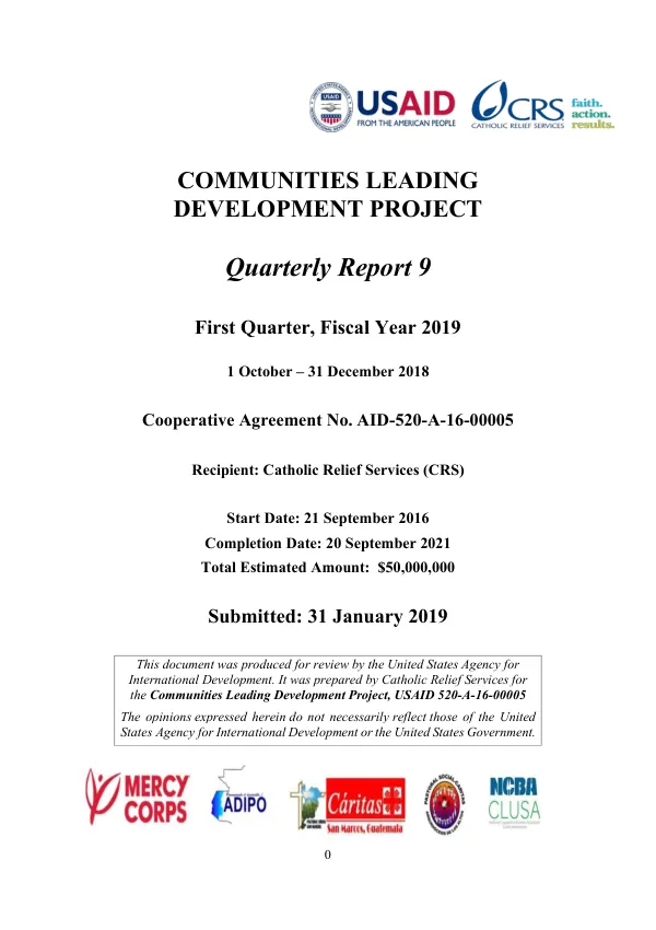 Communities Leading Development Project Quarterly Report 9 First Quarter, Fiscal Year 2019