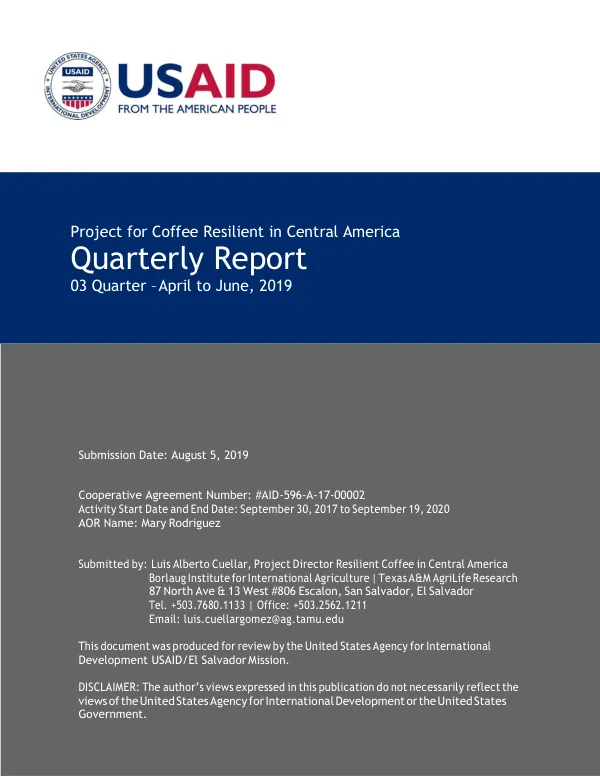 Quarterly Report: Project for Coffee Resilient in Central America