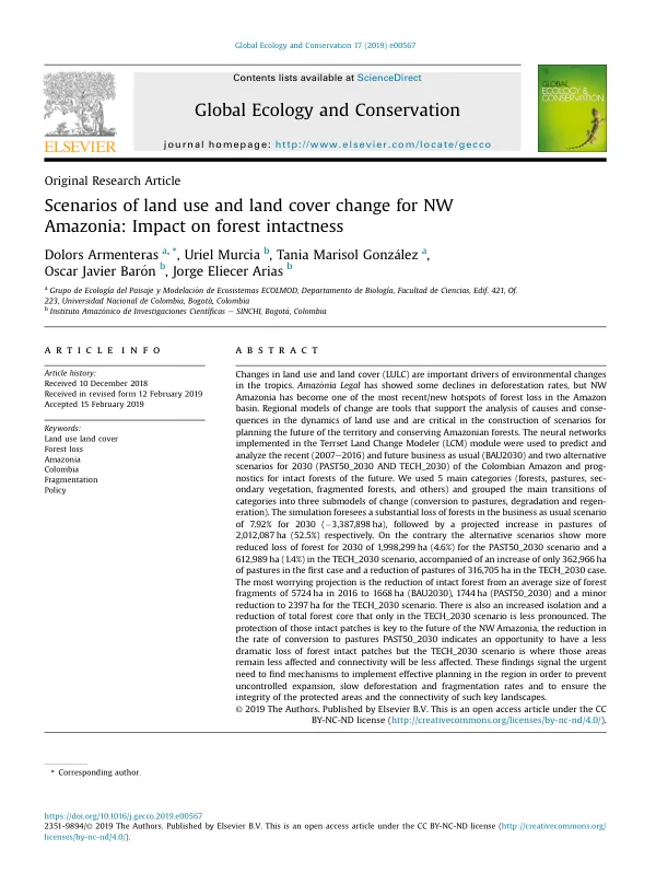 Scenarios of land use and land cover change for NW Amazonia: Impact on forest intactness