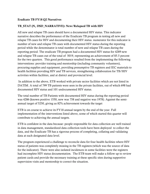 Eradicate TB FY18 Q2 Narratives