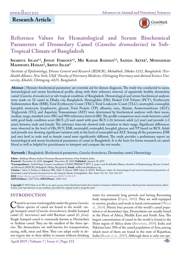 Reference Values for Hematological and Serum Biochemical Parameters of Dromedary Camel (Camelus dromedarius) in Sub-Tropical Climate of Bangladesh