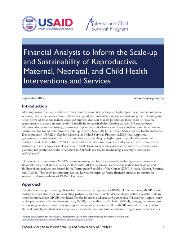 Financial Analysis to Inform the Scale-up and Sustainability of Reproductive, Maternal, Neonatal, and Child Health Interventions and Services