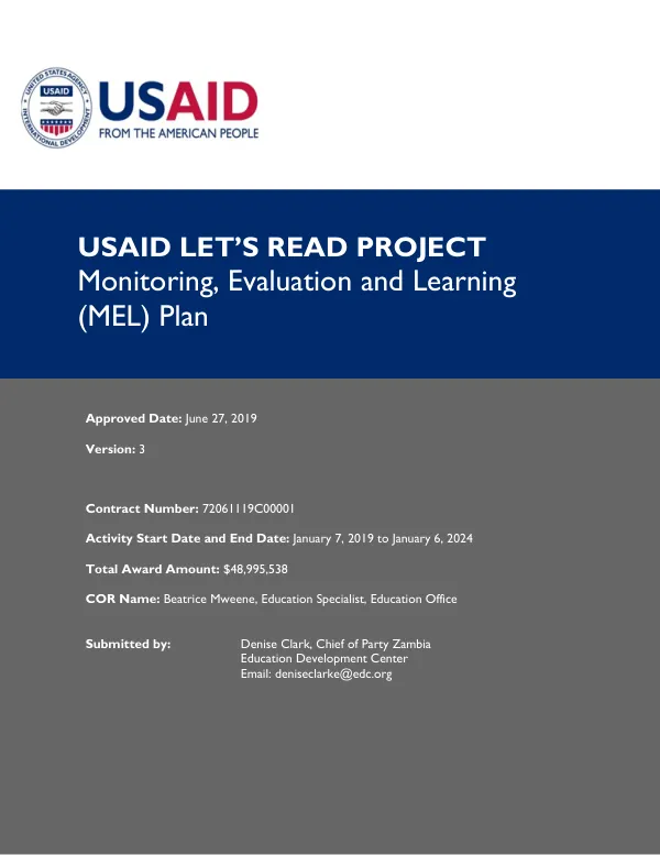 USAID Let's Read Project Monitoring, Evaluation and Learning (MEL) Plan