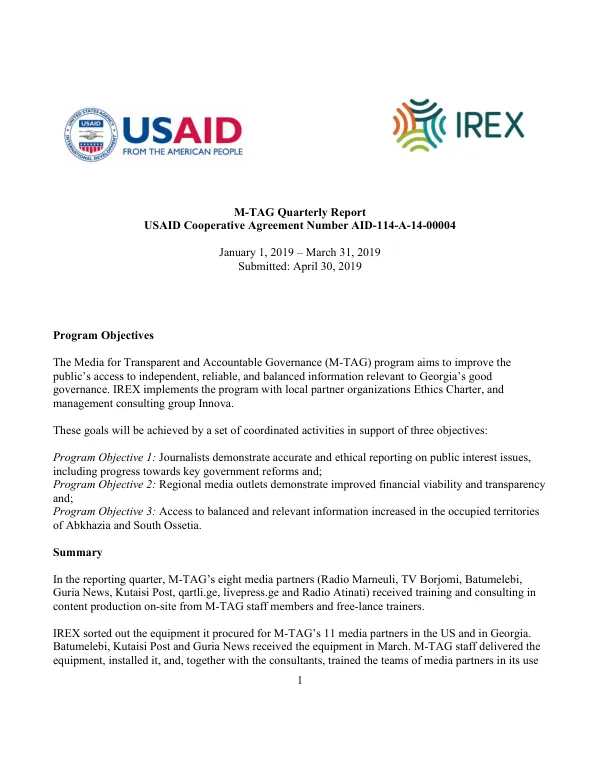 M-TAG Quarterly Report January 1, 2019 – March 31, 2019