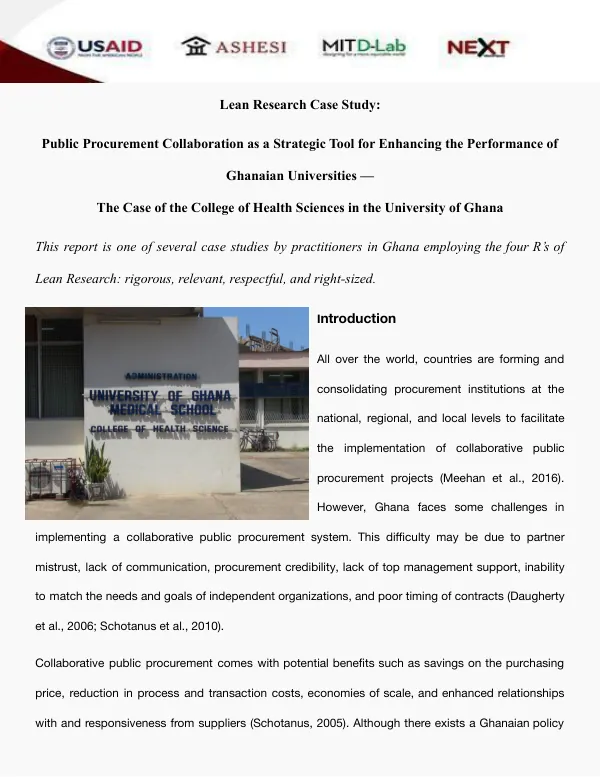 Lean Research Case Study: Public Procurement Collaboration as a Strategic Tool for Enhancing the Performance of Ghanaian Universities — The Case of the College of Health Sciences in the University of Ghana