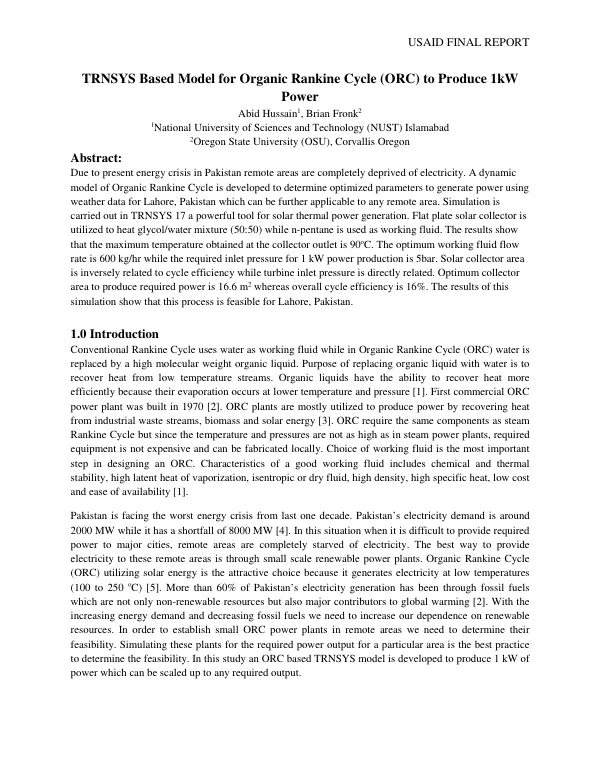 USAID FINAL REPORT TRNSYS Based Model for Organic Rankine Cycle (ORC) to Produce 1kW Power