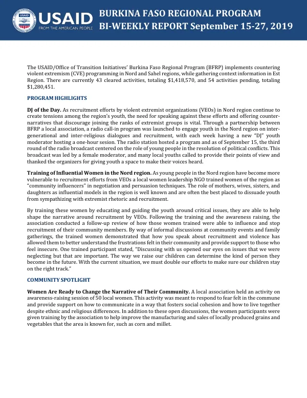 Burkina Faso Regional Program Bi-Weekly Report April 20 - May 03, 2019