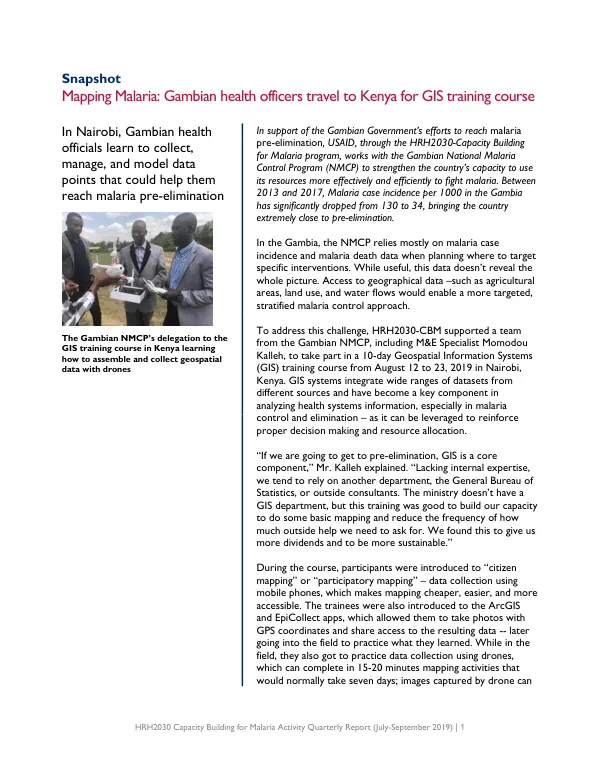 HRH2030 Capacity Building for Malaria Activity Quarterly Report (July-September 2019)