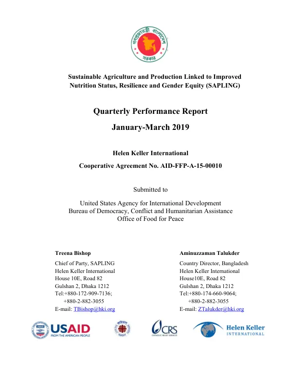 Sustainable Agriculture and Production Linked to Improved Nutrition Status, Resilience and Gender Equity (SAPLING) Quarterly Performance Report January-March 2019
