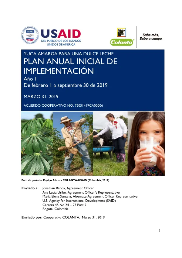 Plan Anual de Implementacion Yuca Amarga para una Dulce Leche 2019 Año 1
