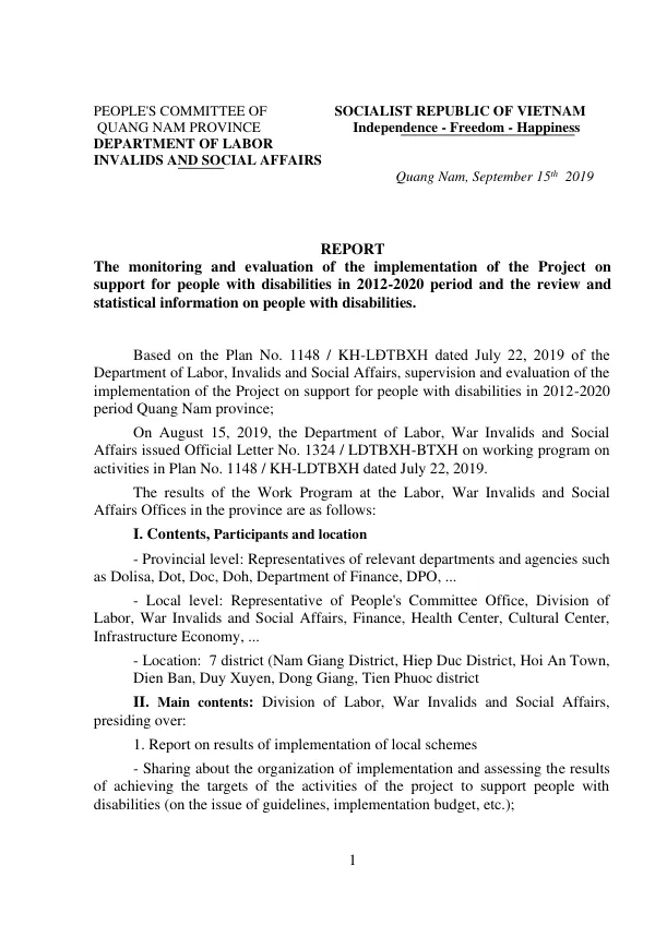 Report on the Monitoring and Evaluation of the Project on Support for People with Disabilities in Quang Nam Province