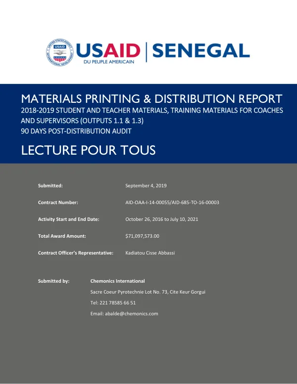 MATERIALS PRINTING & DISTRIBUTION REPORT 2018-2019 STUDENT AND TEACHER MATERIALS, TRAINING MATERIALS FOR COACHES AND SUPERVISORS (OUTPUTS 1.1 & 1.3) 90 DAYS POST-DISTRIBUTION AUDIT