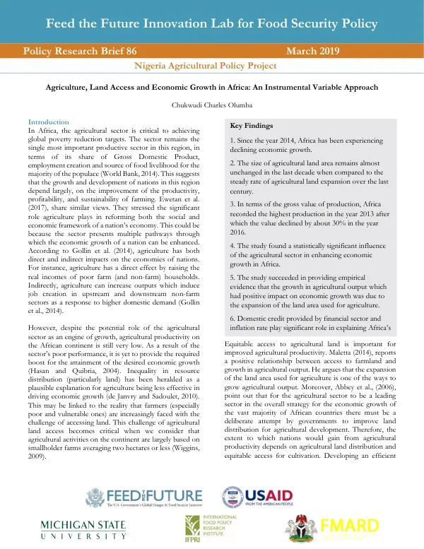 Agriculture, Land Access and Economic Growth in Africa: An Instrumental Variable Approach