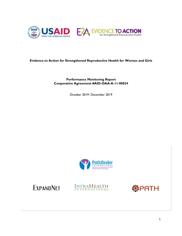 Evidence to Action for Strengthened Reproductive Health for Women and Girls: Performance Monitoring Report