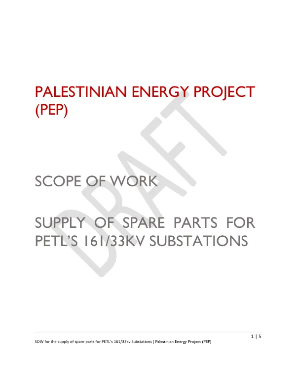 SOW for the supply of spare parts for PETL’s 161/33kv Substations | Palestinian Energy Project (PEP)