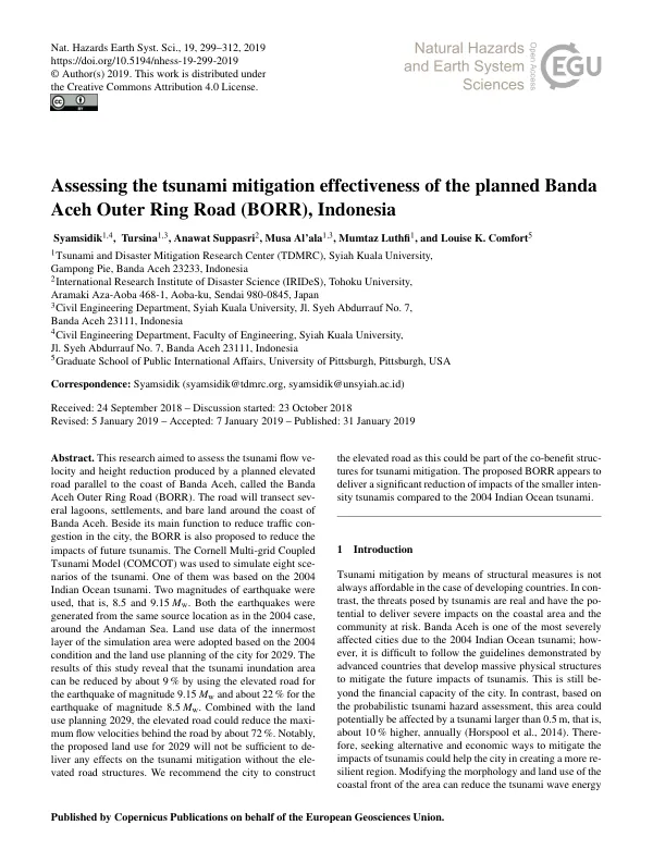 Assessing the tsunami mitigation effectiveness of the planned Banda Aceh Outer Ring Road (BORR), Indonesia