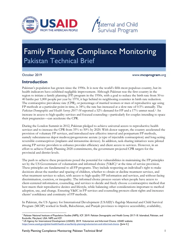 Family Planning Compliance Monitoring: Pakistan Technical Brief