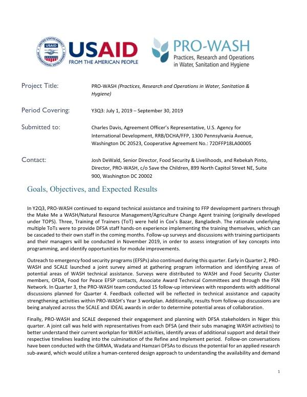 PRO-WASH (Practices, Research and Operations in Water, Sanitation & Hygiene) Quarterly Report: Y3Q3