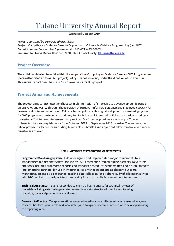Annual Report: Compiling an Evidence Base for Orphans and Vulnerable Children Programming (OVC)