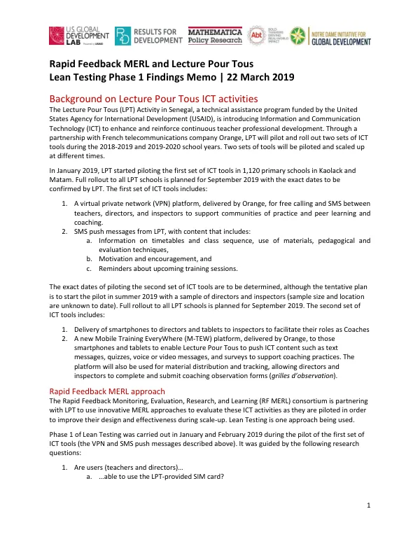 Rapid Feedback MERL and Lecture Pour Tous Lean Testing Phase 1 Findings Memo