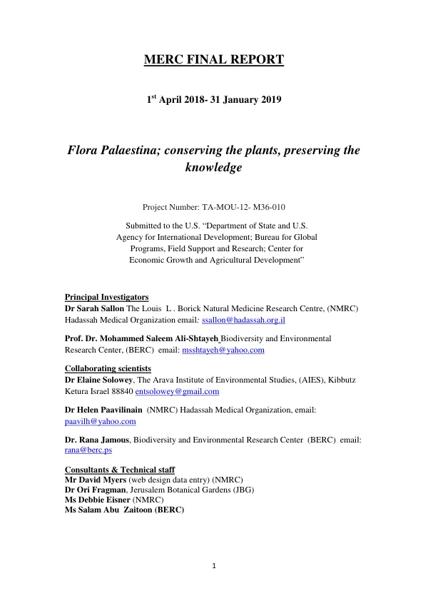 MERC FINAL REPORT: Flora Palaestina; conserving the plants, preserving the knowledge