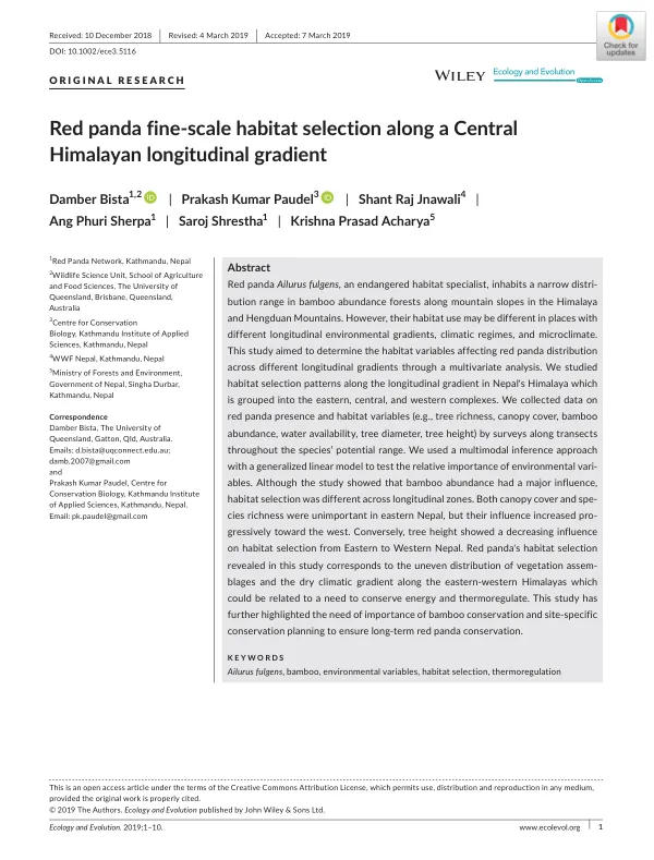 Red panda fine-scale habitat selection along a Central Himalayan longitudinal gradient
