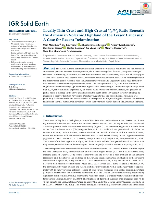 Locally thin crust and high crustal VP/VS ratio beneath the Armenian volcanic highland of the Lesser Caucasus: A case for delamination