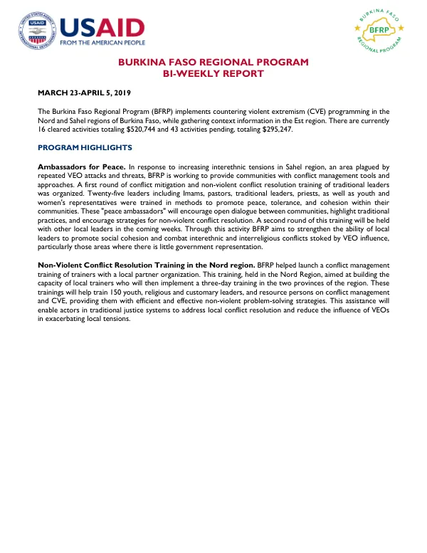Burkina Faso Regional Program BI-WEEKLY REPORT