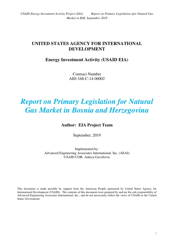Report on Primary Legislation for Natural Gas Market in Bosnia and Herzegovina