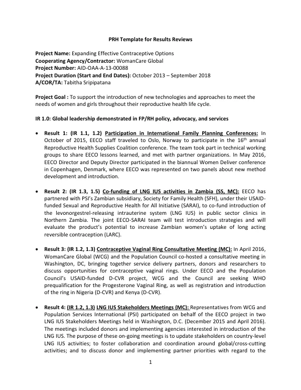 PRH Template for Results Reviews: Expanding Effective Contraceptive Options