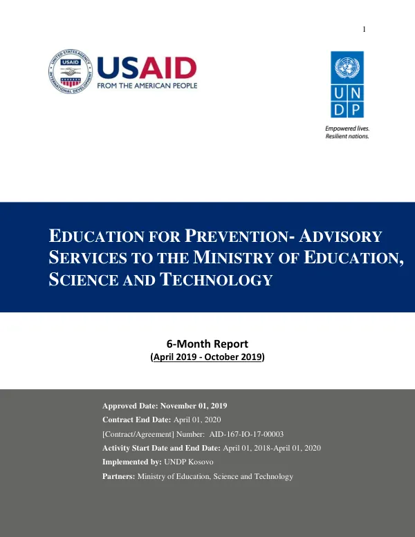 6-Month Report (April 2019 - October 2019): Education for Prevention- Advisory Services to the Ministry of Education, Science and Technology
