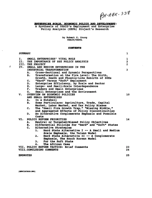 Enterprise scale, economic policy and development : a synthesis of USAID"s employment and enterprise policy analysis (EEPA) project"s research