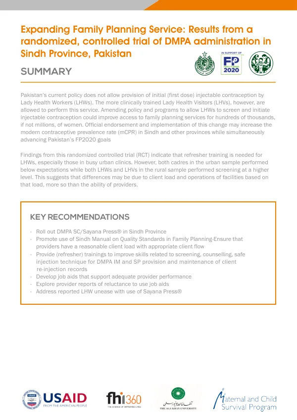 Expanding Family Planning Service: Results from a randomized, controlled trial of DMPA administration in Sindh Province, Pakistan