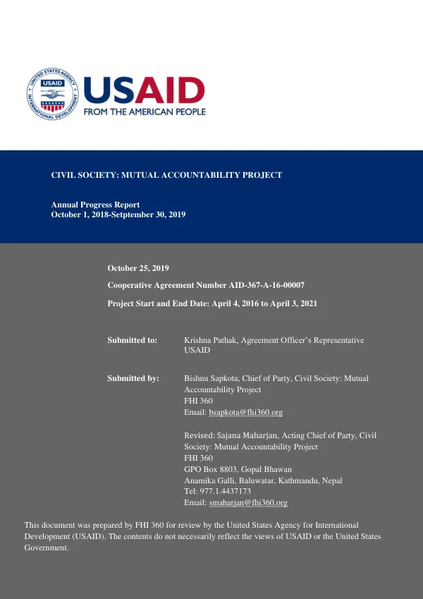 Annual Progress Report No. 4: Oct 1, 2018-Sept 30, 2019 for Civil Society: Mutual Accountability Project