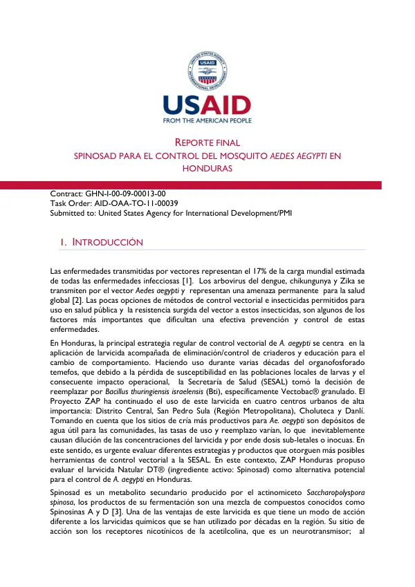 ReporTE Final Spinosad Para El Control Del Mosquito Aedes Aegypti En Honduras