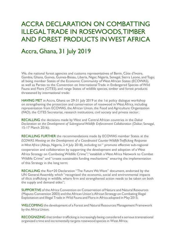 Accra Declaration on combatting illegal trade in Rosewoods, timber, and forest products in West Africa