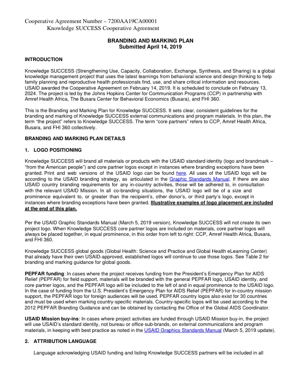 Branding and Marking Plan for Knowledge SUCCESS