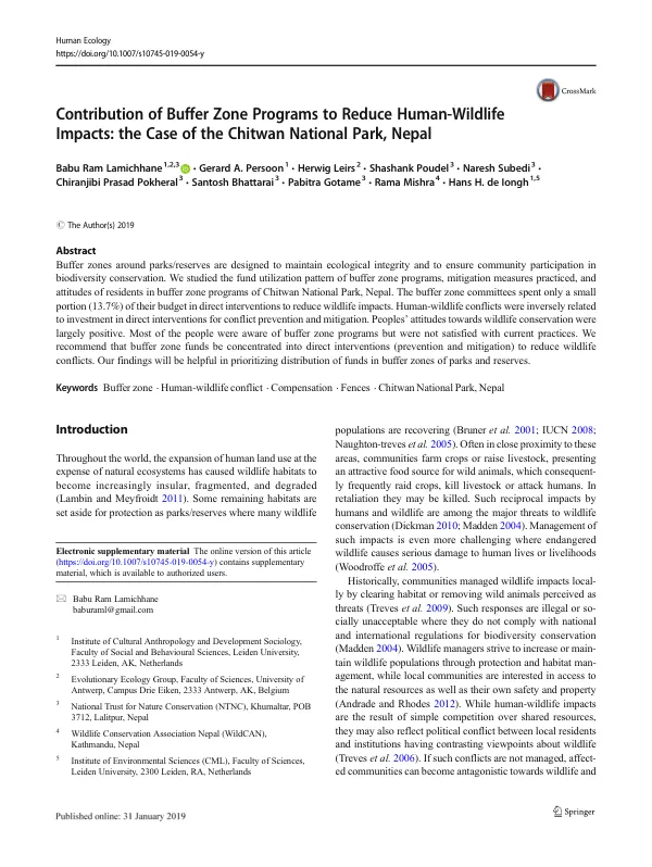 Contribution of Buffer Zone Programs to Reduce Human-Wildlife Impacts: the Case of the Chitwan National Park, Nepal