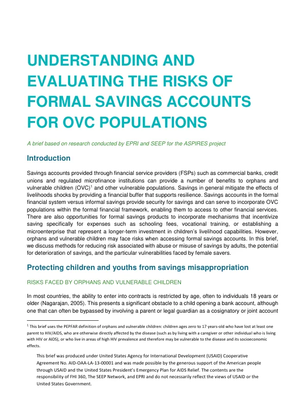 Understanding and Evaluating the Risks of Formal Savings Accounts for OVC Populations