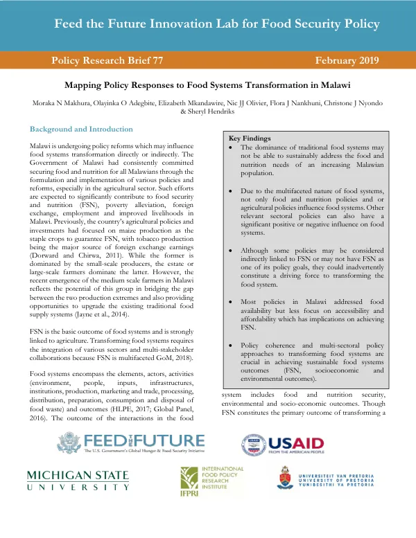 Mapping Policy Responses to Food Systems Transformation in Malawi