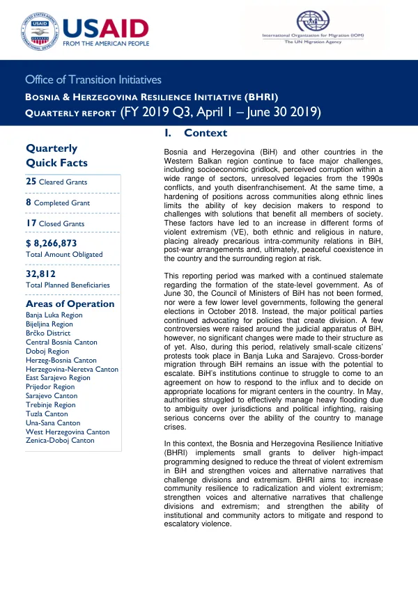 BOSNIA & HERZEGOVINA RESILIENCE INITIATIVE (BHRI) QUARTERLY REPORT (FY 2019 Q3, April 1 – June 30 2019)
