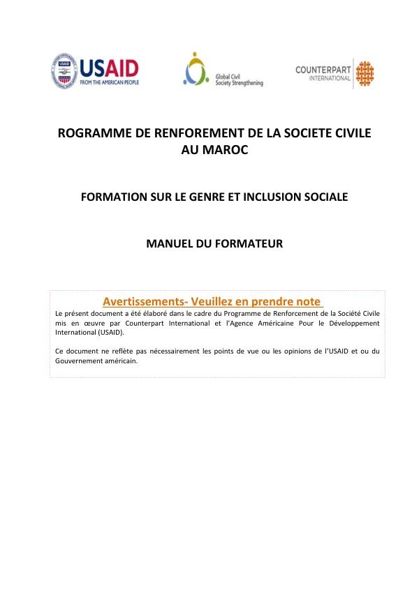 MANUEL DU FORMATEUR : APPROCHE GENRE ET INCLUSION SOCIALE