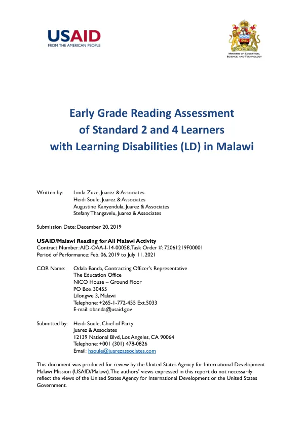 Early Grade Reading Assessment of Standard 2 and 4 Learners with Learning Disabilities (LD) in Malawi