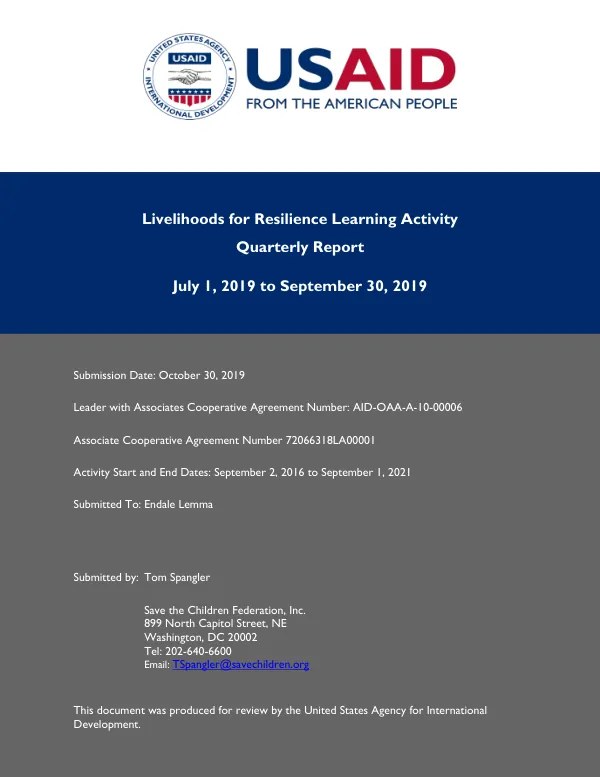 Livelihoods for Resilience Learning Activity Quarterly Report July 1, 2019 to September 30, 2019