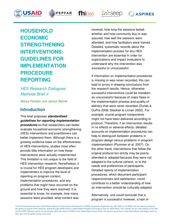 HOUSEHOLD ECONOMIC STRENGTHENING INTERVENTIONS: GUIDELINES FOR IMPLEMENTATION PROCEDURE REPORTING