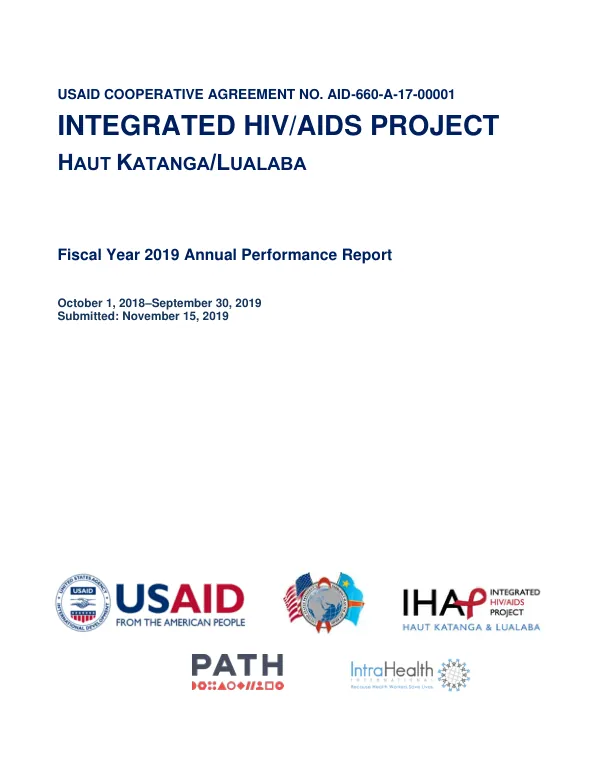 Fiscal Year 2019 Annual Performance Report: Integrated HIV/AIDS Project in Haut Katanga and Lualaba