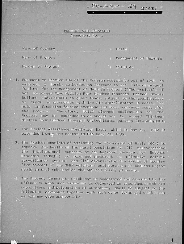 Project authorization, amendment no. 1 : management of malaria, project no. 521-0143