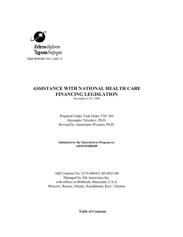 Assistance With National Health Care Financing Legislation